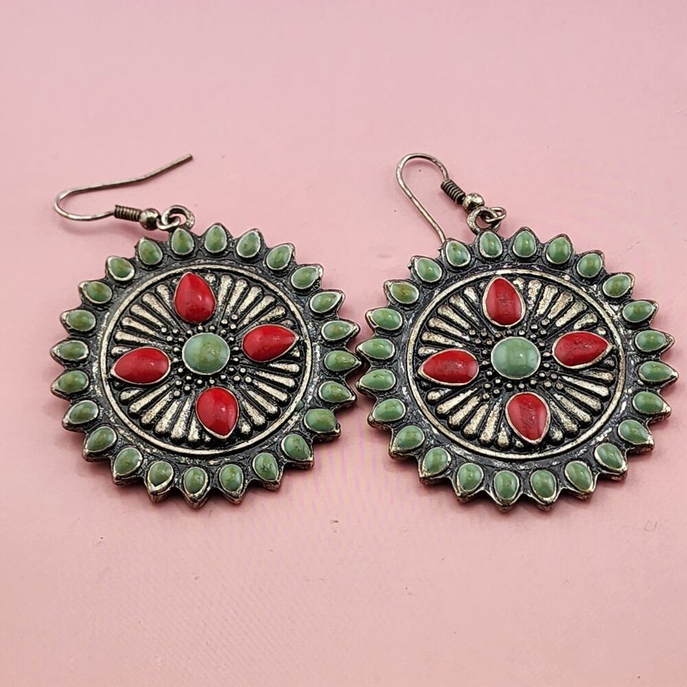 Vintage Green Red Cabochon Oval Medallion Dangle Earrings Statement Boho